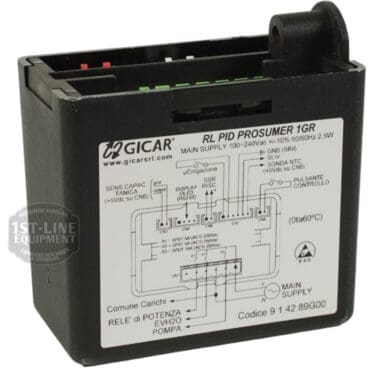 The Torre LIV23004 Control Board Alfredo & Luigino Gicar 9.1.42.89G is a black electronic control box with a white label featuring wiring diagram, technical specs, and brand info. © 2025 1st-line.com