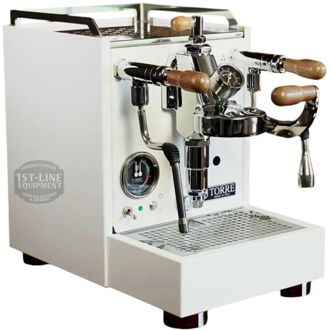 The Torre Luigino TSP HX Espresso Machine w/ Flow Control has wood accents, a pressure gauge, steam wand, flow control, and portafilter on a metal drip tray with the LA TORRE brand displayed on the front. © 2025 1st-line.com
