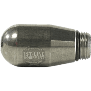 The Torre SPRU0002 4-hole Steam Tip with Gasket is a metallic, bullet-shaped nozzle with threading on one end and 1st-Line Equipment engraved on the side, designed for compatibility with the Torre SPRU0002. © 2025 1st-line.com