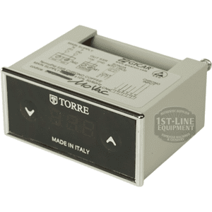 The Torre TERM11002 Thermostat PID 110V for Mariuccia is an Italian-made rectangular electronic controller with a digital display, arrow buttons, metal casing, top-mounted specs and wiring diagrams, supporting PID 110V control. © 2025 1st-line.com