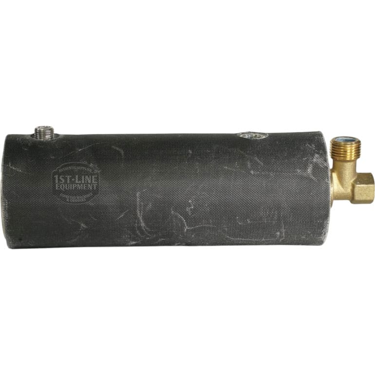 The USED Lelit 1000165 Coffee Boiler Assembly is a cylindrical metal boiler in black mesh with a brass fitting and valve, typically used in espresso machines to heat water. © 2025 1st-line.com