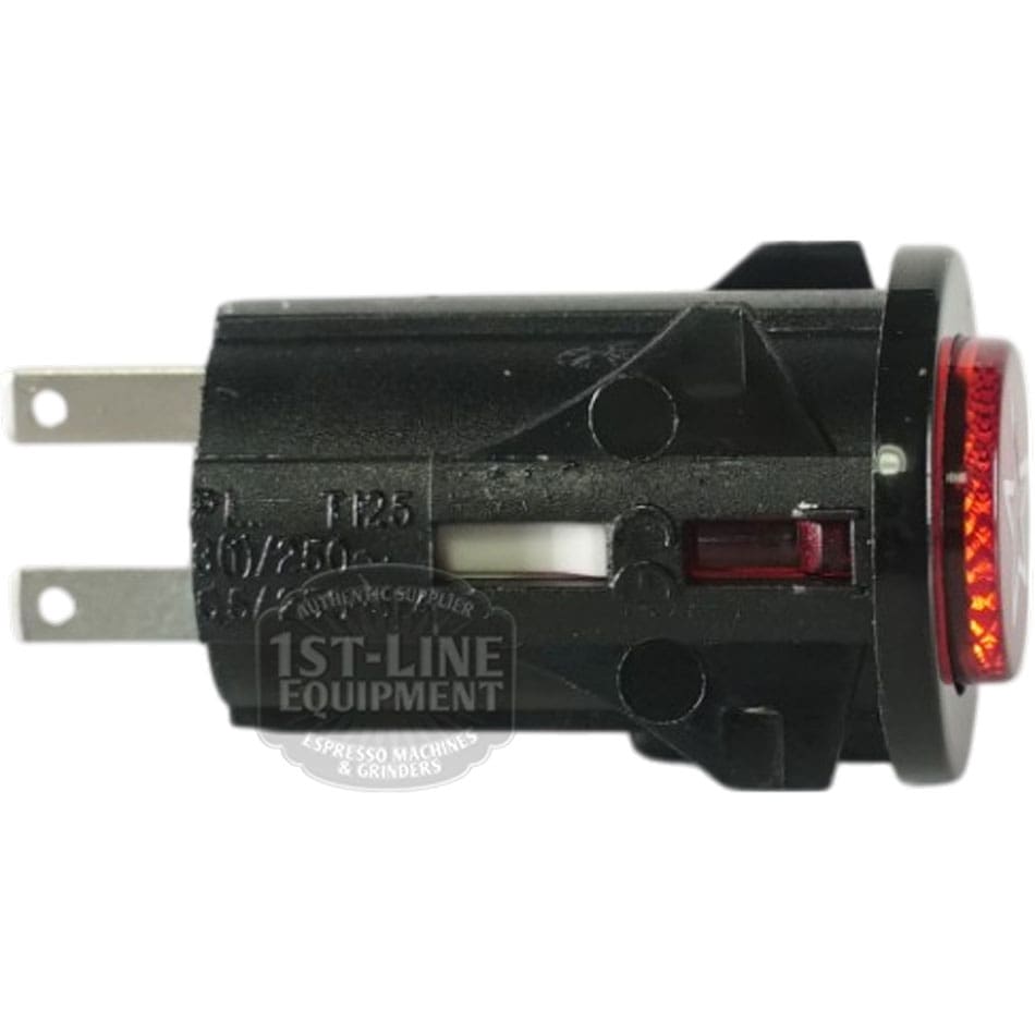 The V.4220 Red Push Button Switch by 1st-Line Equipment is a black switch with a red illuminated indicator and two metal prongs for connections, shown against a white background. © 2025 1st-line.com