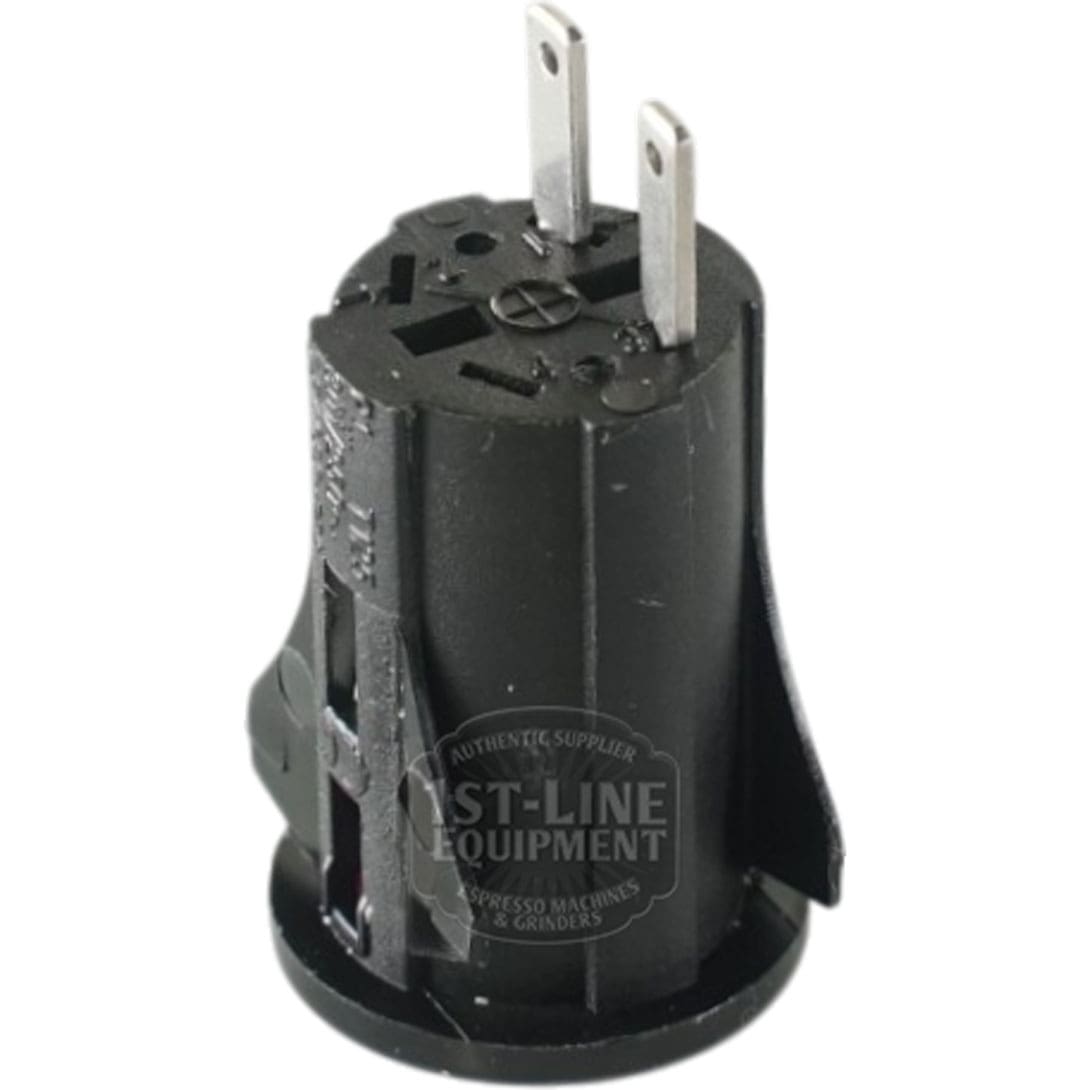 The V.4220 Red Push Button Switch is a cylindrical switch with a grooved casing, two parallel metal prongs on top, and clear markings for easy installation, designed for electrical appliances. © 2025 1st-line.com