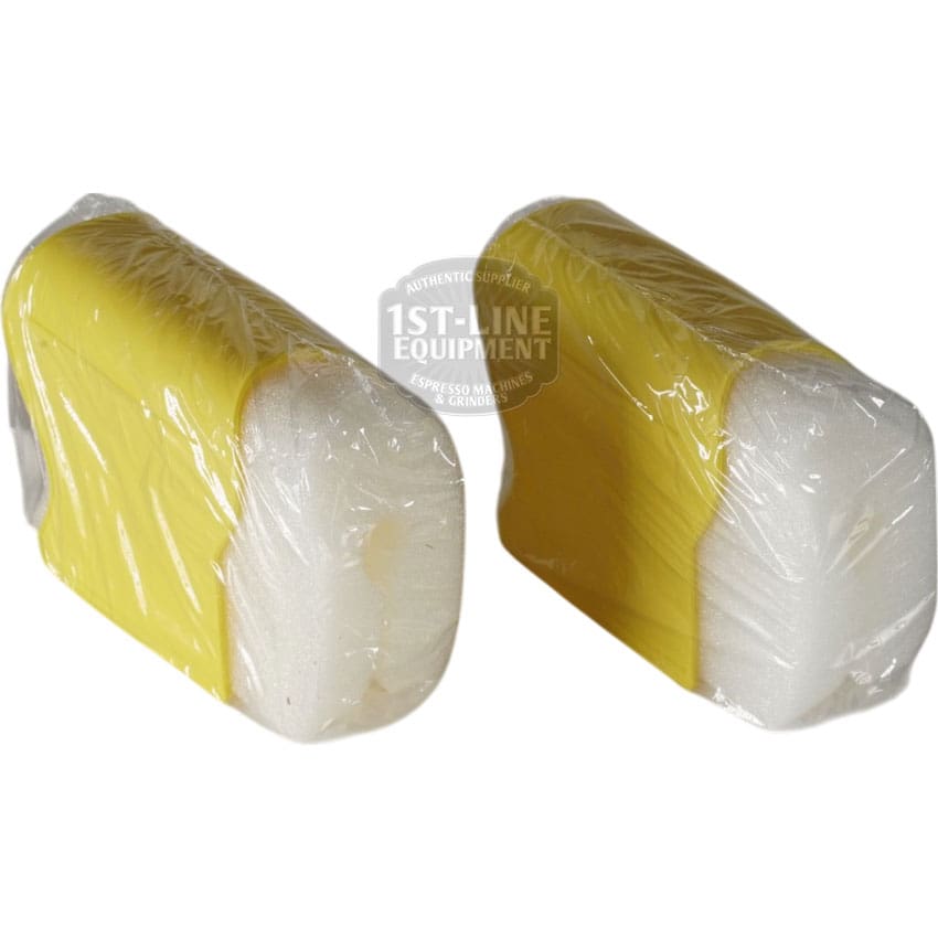 Two rectangular yellow and white sponges, each individually wrapped in clear plastic, are side by side on a white background—ideal refills for your Spokj Steam Tube Cleaning Sponge Kit (2 sponges). © 2025 1st-line.com