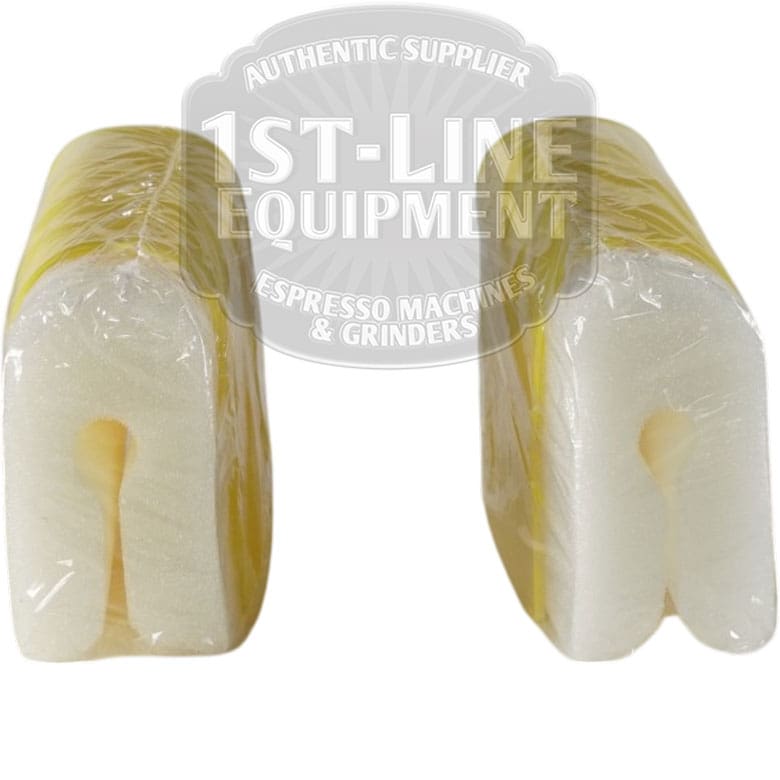 Two white foam inserts from the Spokj Steam Tube Cleaning Sponge Kit (2 sponges), each with a central groove and wrapped in yellow plastic, stand upright side by side. Watermark: 1st-Line Equipment. Ideal for steam tube cleaning. © 2025 1st-line.com