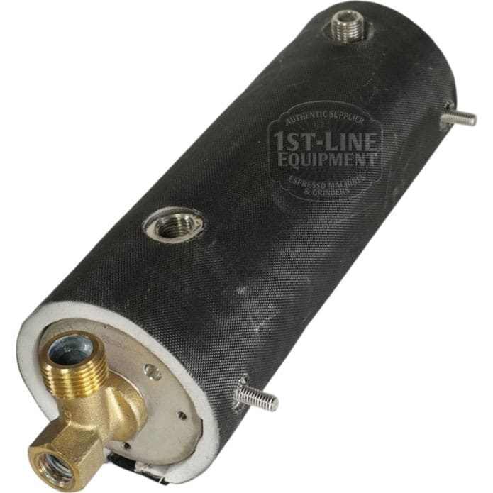 USED Lelit 1000165 Coffee Boiler Assembly: Cylindrical unit with black insulation cover, metal fittings, threaded ports, and a brass connector—ideal as a used coffee boiler or compatible replacement for Lelit machines. © 2025 1st-line.com