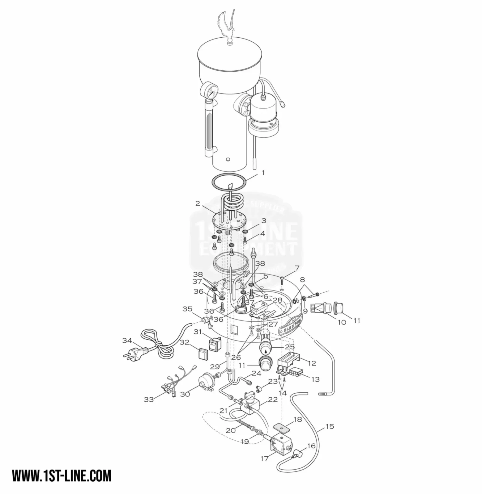 Exploded parts diagram of the Elektra Microcasa Semiautomatica (up to 2017), showing all components—boiler, electrical parts, wiring, hoses, and attachments—with each piece clearly labeled by number for easy reference. © 2025 1st-line.com