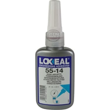 A 50 ml Loxeal 55-14 Threadlock container in gray with a white cap features a blue and white label showing product details and instructions for thread sealing and Threadlock applications. © 2025 1st-line.com