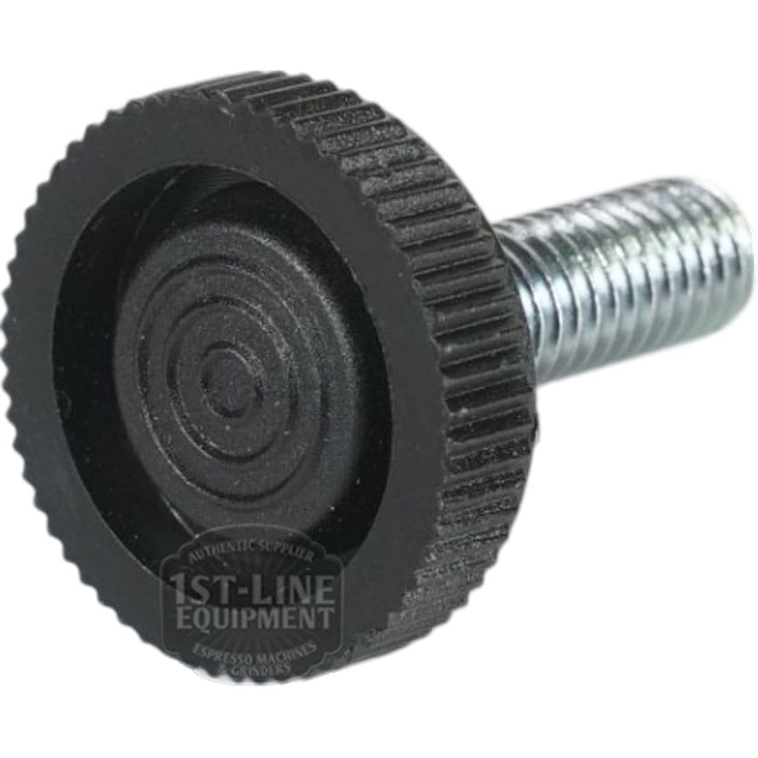A close-up of a FOOT M10 metal screw with a large, round, ridged black plastic knob for hand-tightening against a white background. The knob displays the 1st-Line Equipment logo. © 2025 1st-line.com
