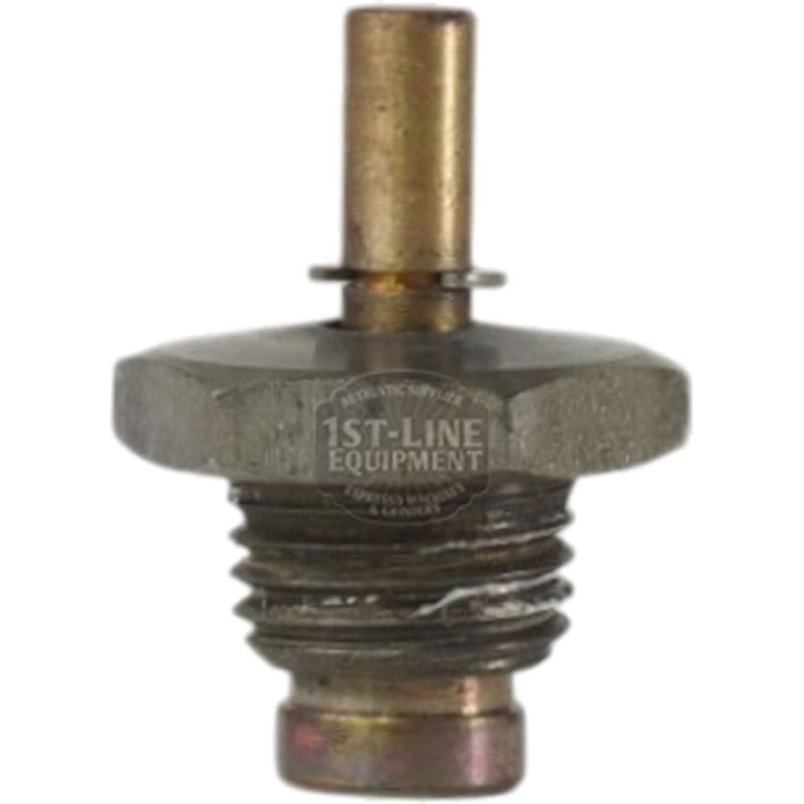 A close-up of a metal engine temperature sensor with threaded base and brass tip, labeled 1st-Line Equipment, sits next to a VBM VALVSFME 1/4 Bleeder/Vacuum Breaker Valve - USED for optimal performance. © 2025 1st-line.com