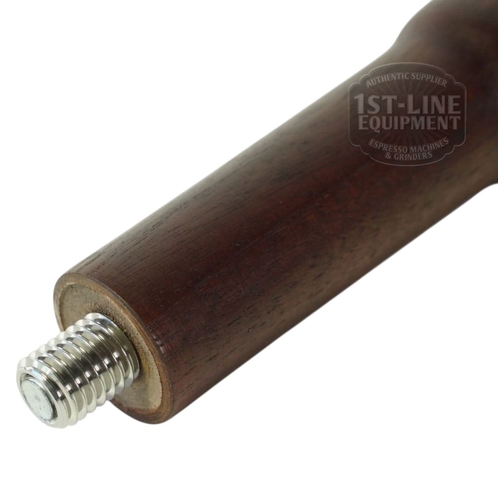 A close-up of the Torre MANP0006 Dark Wood Filterholder Handle shows its metal threaded end for attaching to equipment, set against a faint 1st-Line Equipment logo watermark in the background. © 2025 1st-line.com