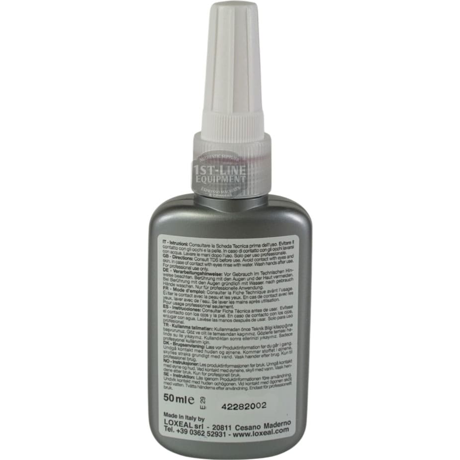 A gray plastic bottle with a white pointed nozzle cap displays the Loxeal 55-14 Threadlock branding and product details on the front label, including 50 ml size and manufacturer info. © 2025 1st-line.com