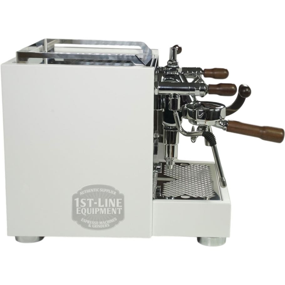 A Torre Peppina EVO Premium V2 Dual Boiler Espresso Machine w/ FC, white with chrome and wood accents, multiple levers, and drip tray sits on a flat surface. The 1st-Line Equipment logo is shown on the side of this premium machine. © 2025 1st-line.com