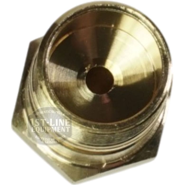 Close-up of a Bezzera 5302077TP Rubber Holding Fitting with a central hole, threaded sides, hexagonal base, and shiny metallic surface on a white background. © 2025 1st-line.com