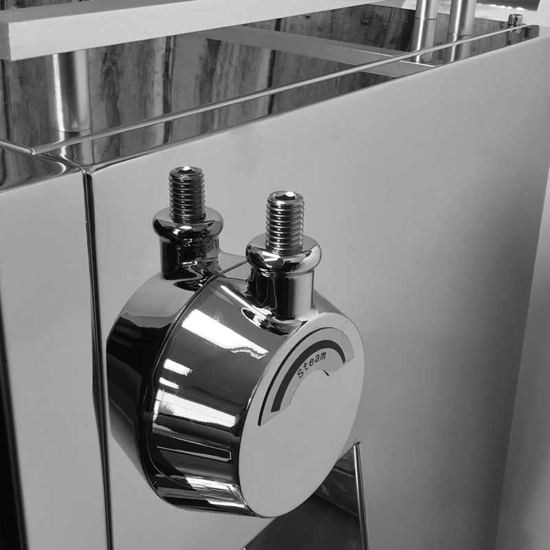 Close-up of a shiny metal object with two threaded bolts and a gauge marked steam, attached to a reflective metal surface on an espresso machine. The background shows part of the same metallic coffee maker structure. © 2025 1st-line.com