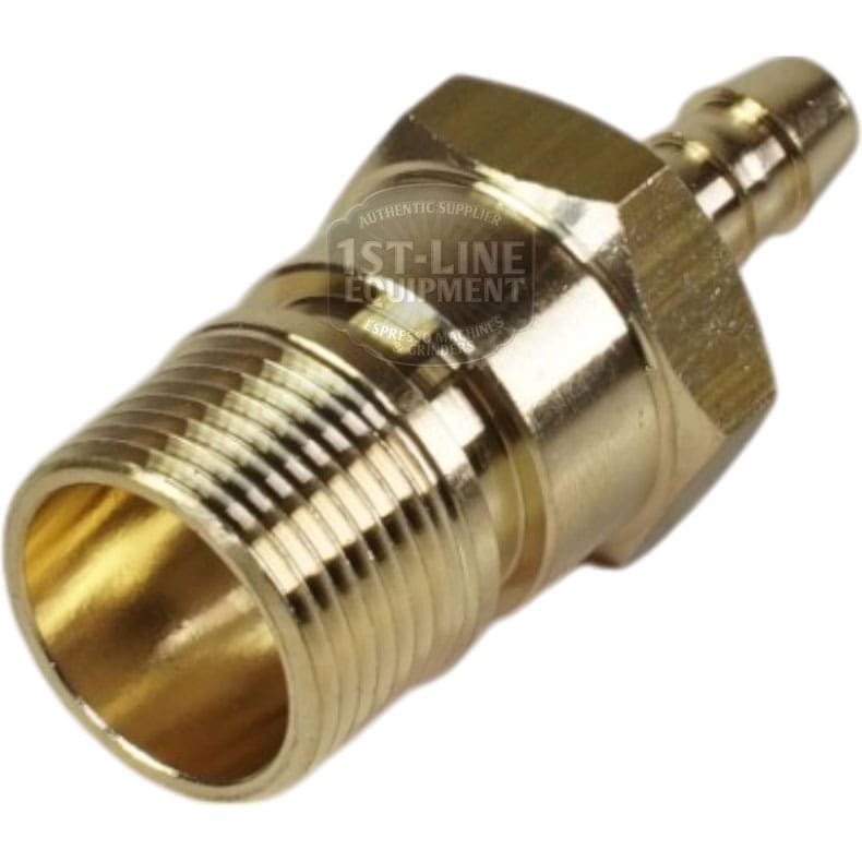 Close-up of the Bezzera 5302077TP Rubber Holding Fitting, a brass coffee machine adapter with threaded and barbed ends for easy hose attachment or component connection. © 2025 1st-line.com