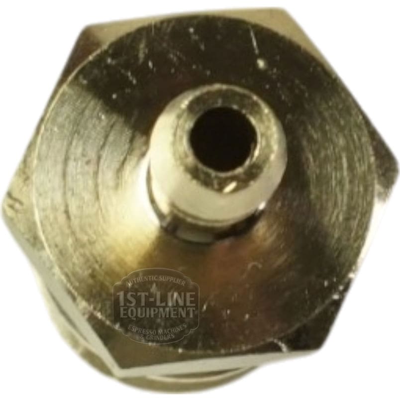 Close-up of the Bezzera 5302077TP Rubber Holding Fitting, a hexagonal metal connector with a central hole, commonly used in espresso machines or coffee equipment. © 2025 1st-line.com