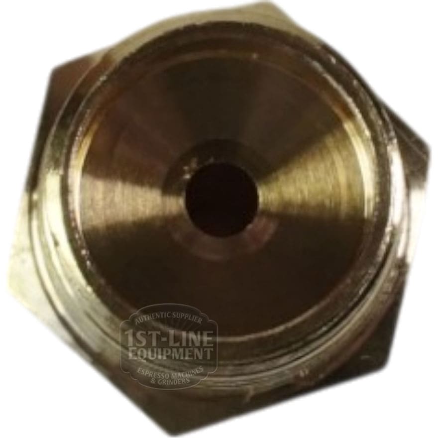 Close-up of the Bezzera 5302077TP Rubber Holding Fitting, featuring a central hole, hexagonal outer shape, and the faint 1st-Line Equipment logo on its brass surface. © 2025 1st-line.com