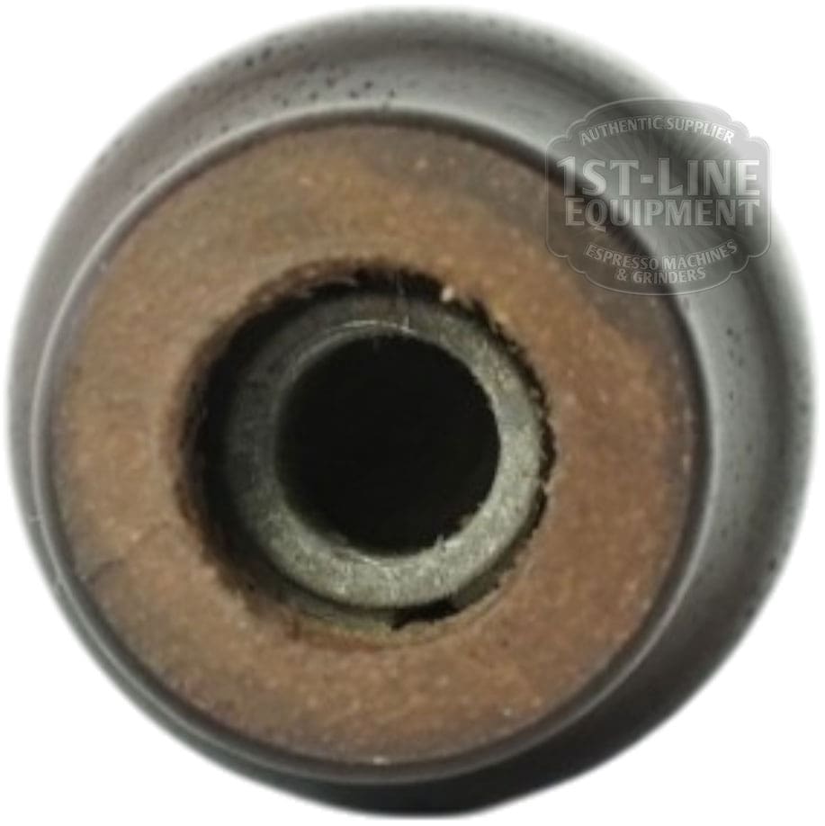 Close-up of the Torre MANP0001 Dark Wood Joystick Handle, featuring a round, dark wood finish with a central metal insert and a slightly worn texture. The image is watermarked with 1st-Line Equipment. © 2025 1st-line.com