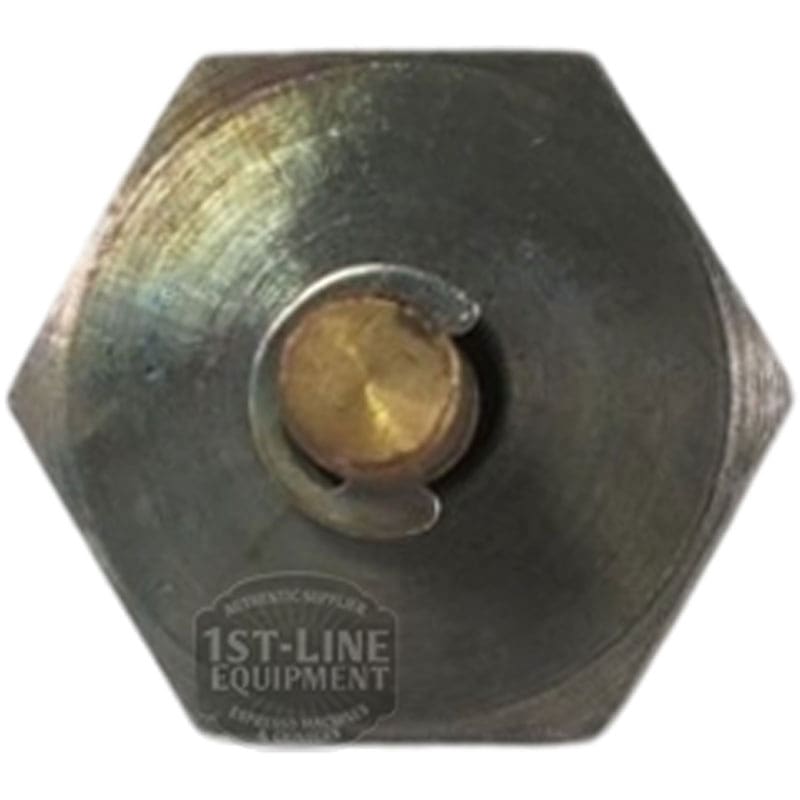 Close-up of the VBM VALVSFME 1/4 Bleeder/Vacuum Breaker Valve - USED, featuring a metallic hexagonal nut with a circular groove and brass center, photographed from above on a white background. © 2025 1st-line.com