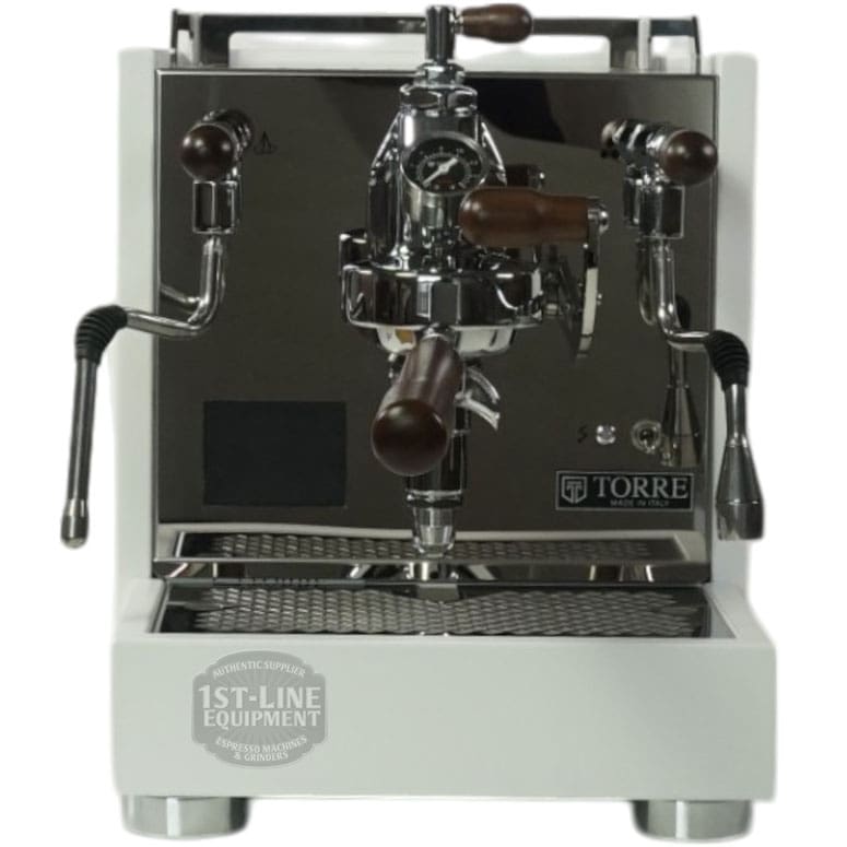 Front view of the Torre Peppina EVO Premium V2 Dual Boiler Espresso Machine w/ FC, featuring dark wooden handles, dual spouts, steam wand, and a sleek stainless steel design labeled TORRE and 1st-Line Equipment. © 2025 1st-line.com