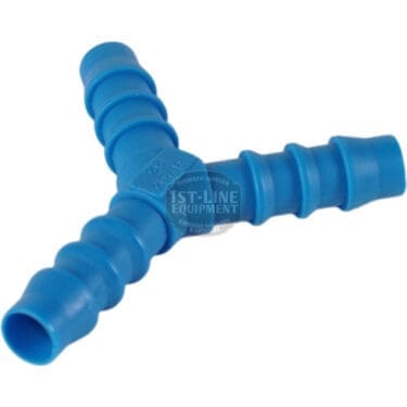 The 1st-line V323K Y-Pipe 8x8x8 mm is a blue plastic connector with ribbed ends, ideal for joining three flexible hoses together. © 2025 1st-line.com