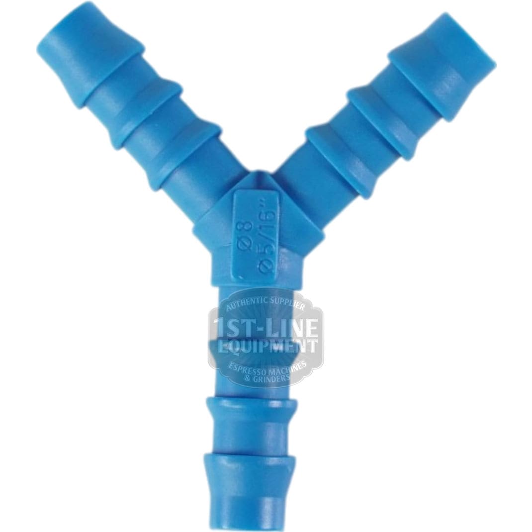 The 1st-line V323K Y-Pipe 8x8x8 mm is a blue plastic Y-shaped hose connector with three barbed ends for joining or splitting flexible tubing, visible size markings, and a central juncture at the meeting point of all arms. © 2025 1st-line.com