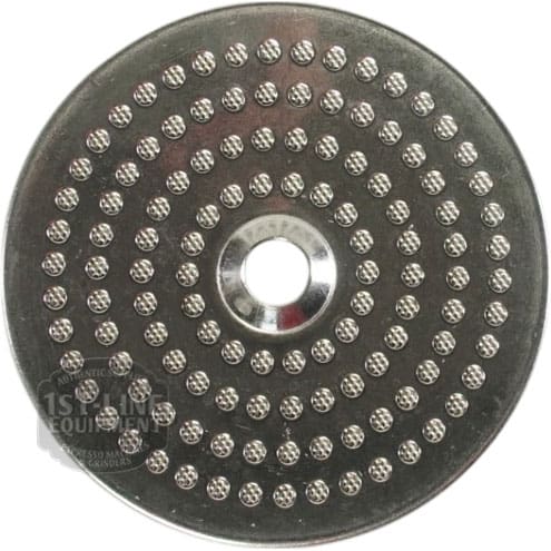 The Bellezza BE.090.006 Bellona Dispersion Shower Screen is a circular metal disc with a central hole and multiple evenly spaced raised dot patterns for optimal water dispersion. © 2025 1st-line.com