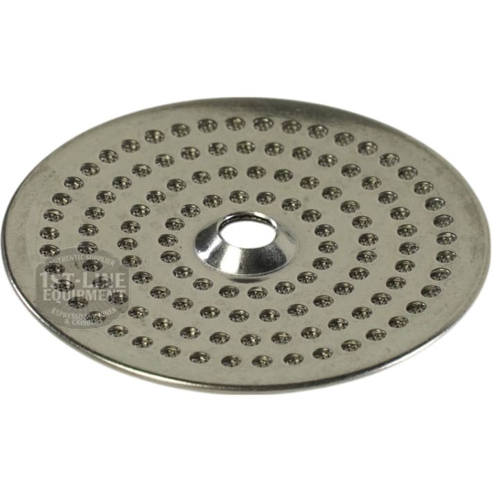 The Bellezza BE.090.006 Bellona Dispersion Shower Screen is a round, flat metal disc with a raised center and several small holes in concentric circles, typically used as a filter screen in espresso machines. © 2025 1st-line.com