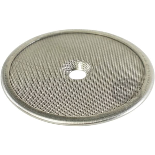 The Bellezza BE.090.006 Bellona Dispersion Shower Screen is a round metal mesh filter with a fine mesh surface, central hole, and solid rim, designed for coffee makers or espresso machines. © 2025 1st-line.com