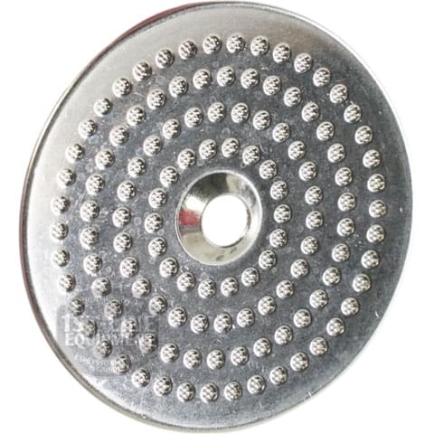 The Bellezza BE.090.006 Bellona Dispersion Shower Screen is a round metal screen with a central hole, featuring several concentric circles of small, evenly spaced textured raised bumps. © 2025 1st-line.com