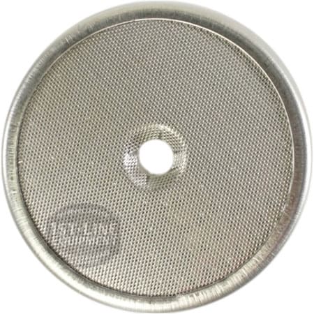 The Bellezza BE.090.006 Bellona Dispersion Shower Screen is a round metal screen with fine mesh and a central hole, designed for use in espresso machines to ensure optimal extraction. © 2025 1st-line.com