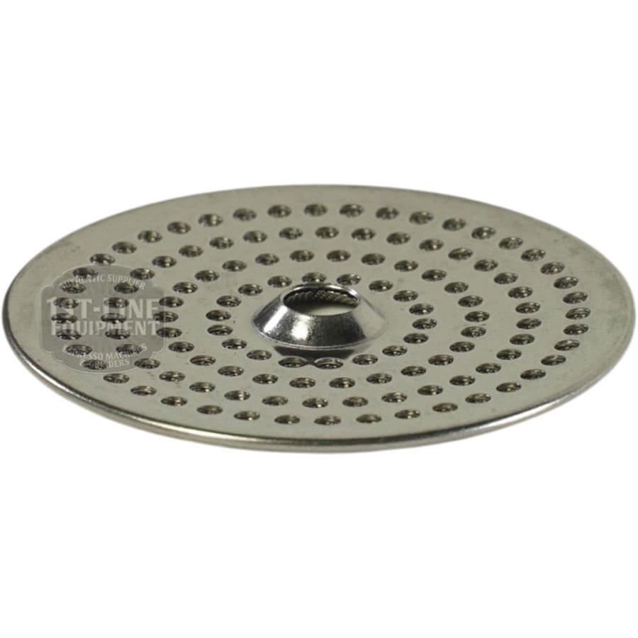 The Bellezza BE.090.006 Bellona Dispersion Shower Screen is a round metal shower screen with multiple small holes, a raised center, and a polished surface, ideal as a replacement for your Bellezza BE.090.006 coffee machine. © 2025 1st-line.com