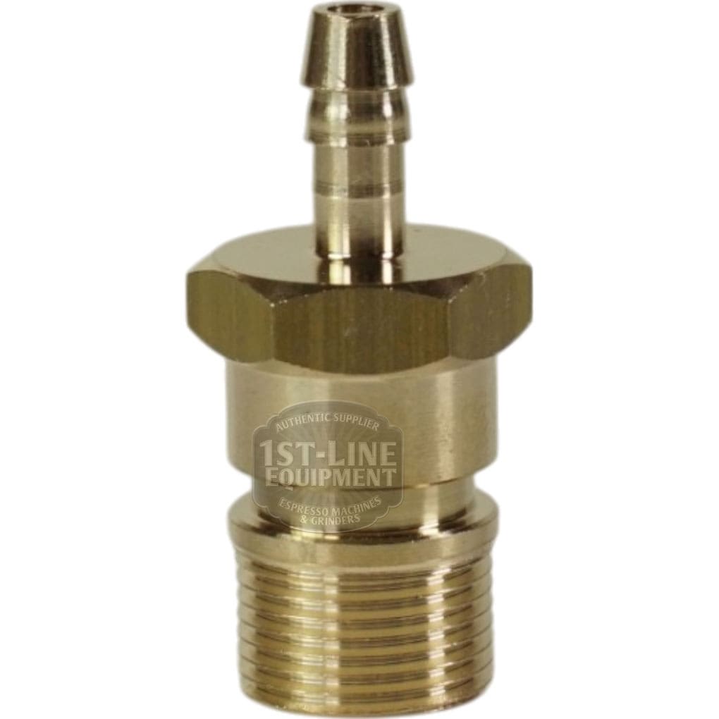 The Bezzera 5302077TP Rubber Holding Fitting features a hexagonal middle, threaded bottom, and ribbed nozzle top, designed for secure rubber attachment and shown photographed on a white background. © 2025 1st-line.com