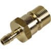 The Bezzera 5302077TP Rubber Holding Fitting is a brass hose barb adapter with a hex nut, threaded end, and ribbed barbed end for secure hose attachment. Shown on a white background. © 2025 1st-line.com