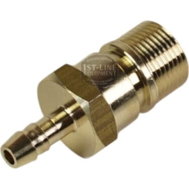 The Bezzera 5302077TP Rubber Holding Fitting is a brass hose barb adapter with a hex nut, threaded end, and ribbed barbed end for secure hose attachment. Shown on a white background. © 2025 1st-line.com