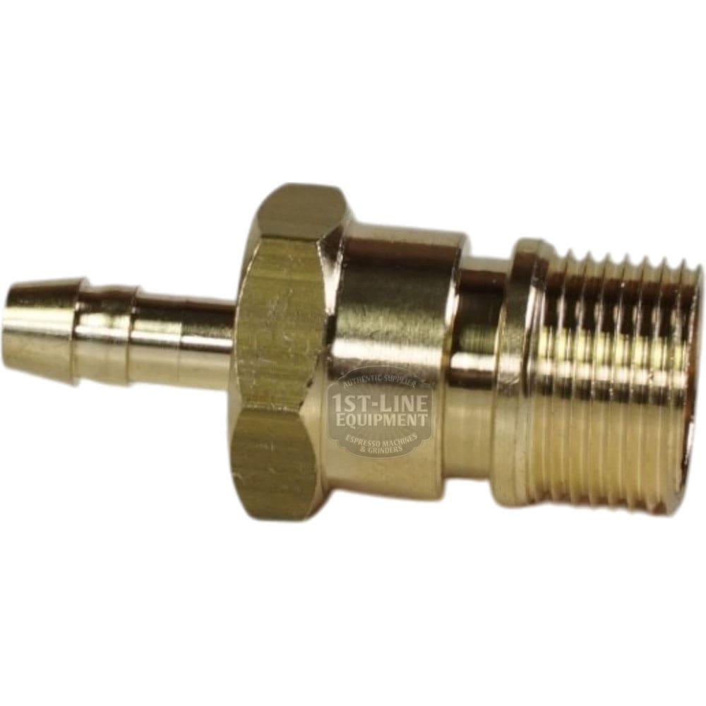 The Bezzera 5302077TP Rubber Holding Fitting is a brass hose barb fitting with a hex nut center, barbed end, and threaded male connector for secure hose-to-pipe connections. © 2025 1st-line.com