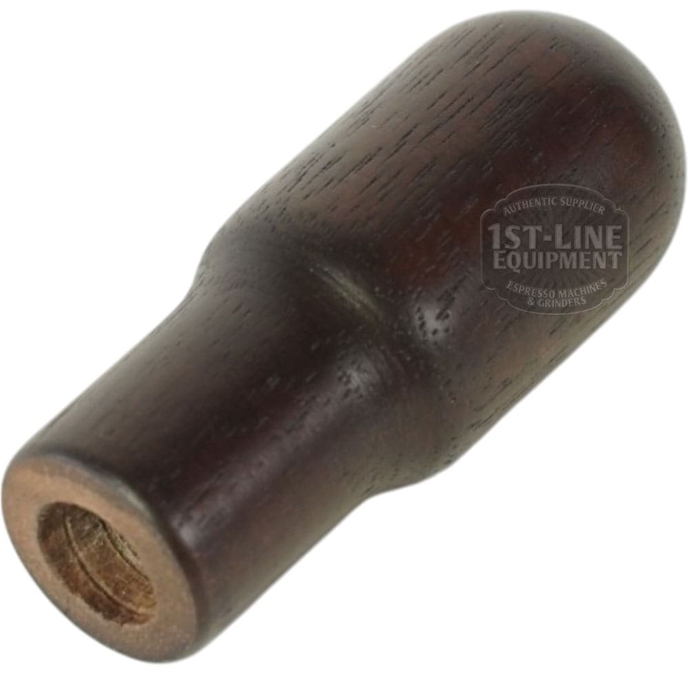 The Torre MANP0001 Dark Wood Joystick Handle features a rounded top, cylindrical base, smooth finish, and threaded metal insert for secure attachment to espresso machine levers. © 2025 1st-line.com