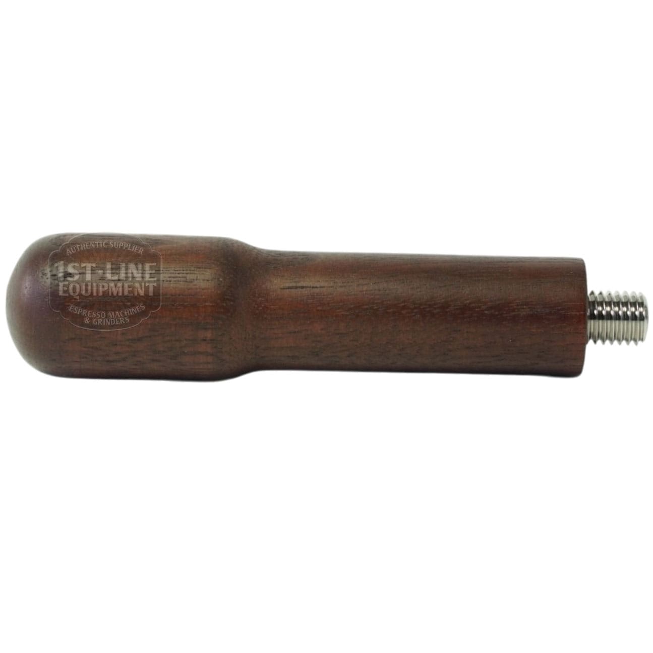 The Torre MANP0006 Dark Wood Filterholder Handle features a rounded end, metal screw thread, and an engraved 1st-Line Equipment logo for added elegance. © 2025 1st-line.com