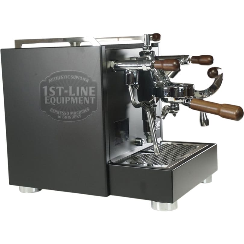 The Torre Peppina EVO Premium V2 Dual Boiler Espresso Machine w/ FC features a metallic finish, wooden handles, dual spouts, drip tray, and is branded with 1st-Line Equipment on the side. © 2025 1st-line.com