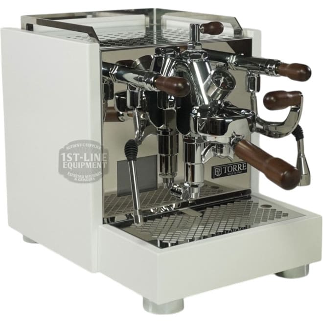 The Torre Peppina EVO Premium V2 Dual Boiler Espresso Machine w/ FC features chrome and wood accents, multiple levers and spouts, a reflective drip tray, and the Torre name displayed on the front. © 2025 1st-line.com