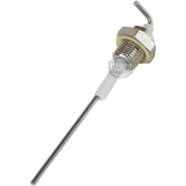 The VBM ELETSON Steam Boiler Water Level Probe - USED features a metal probe with a hex nut, white ceramic insulator, and bent metal tip; it is typically used to monitor water levels in steam boiler systems. © 2025 1st-line.com