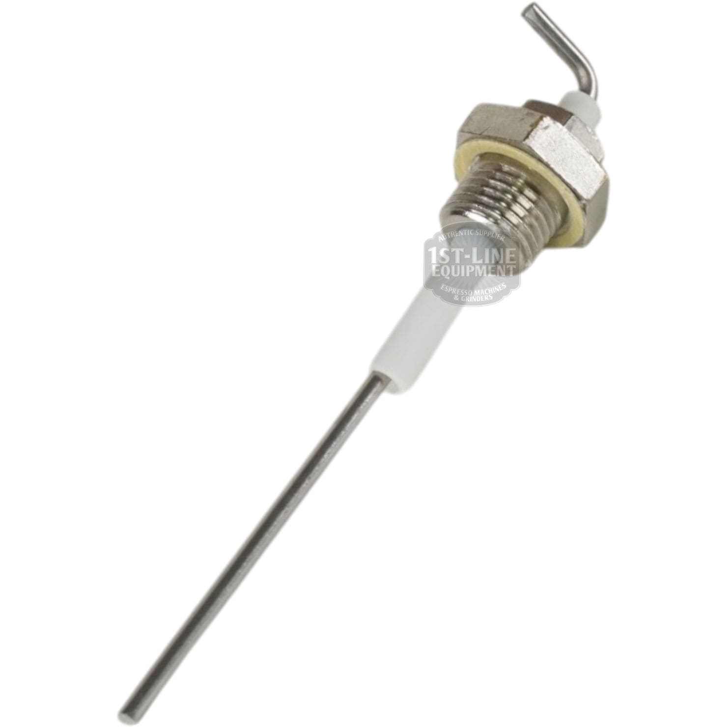 The VBM ELETSON Steam Boiler Water Level Probe - USED features a metal probe with a hex nut, white ceramic insulator, and bent metal tip; it is typically used to monitor water levels in steam boiler systems. © 2025 1st-line.com