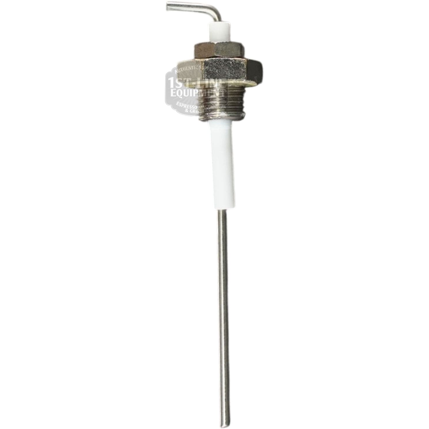 The VBM ELETSON Steam Boiler Water Level Probe - USED features a metal sensor probe with a hexagonal threaded fitting, a long thin metal rod, and a white ceramic insulator for use in steam boiler systems. © 2025 1st-line.com