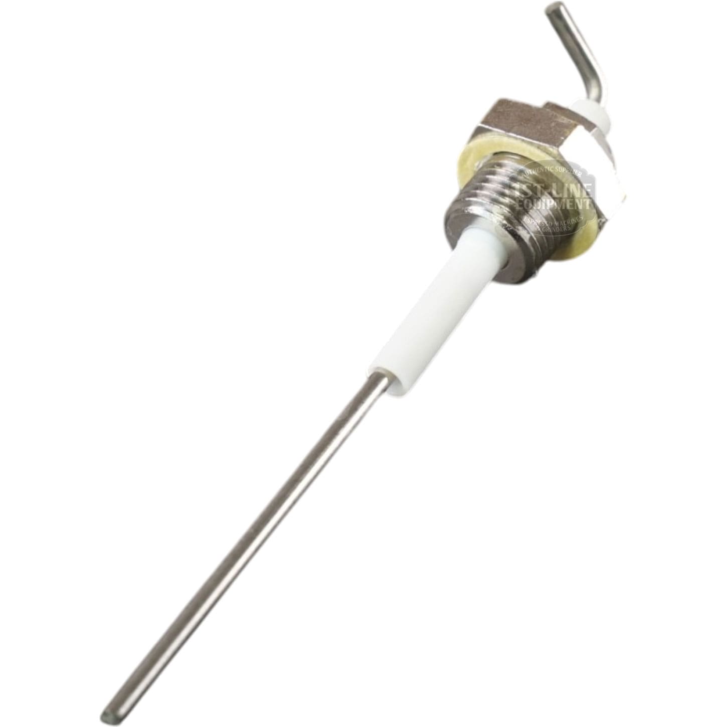 The VBM ELETSON Steam Boiler Water Level Probe - USED features a metal thermocouple with a threaded hex nut, ceramic insulation, and a bent wire tip, designed for steam boiler water level measurement. © 2025 1st-line.com