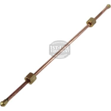 The VBM TUBIP944 Domobar Super Steam Boiler to Hot Water Valve Pipe features a copper tube with brass fittings and nuts on each end, ideal for steam boilers or Domobar Super machines. Displayed on a white background. © 2025 1st-line.com