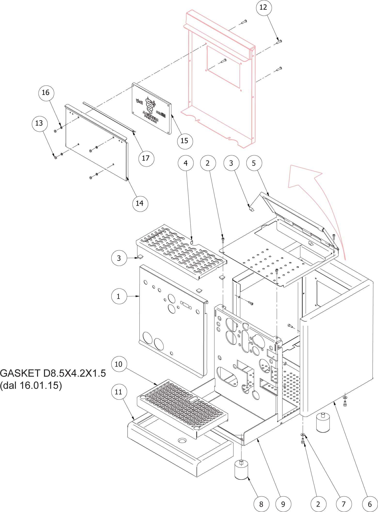 Exploded technical Parts Diagram of an electronic device, such as the Bezzera Mitica, showing individual parts like panels, screws, gaskets, filters, and covers—each labeled with numbers and arrows indicating assembly order.
