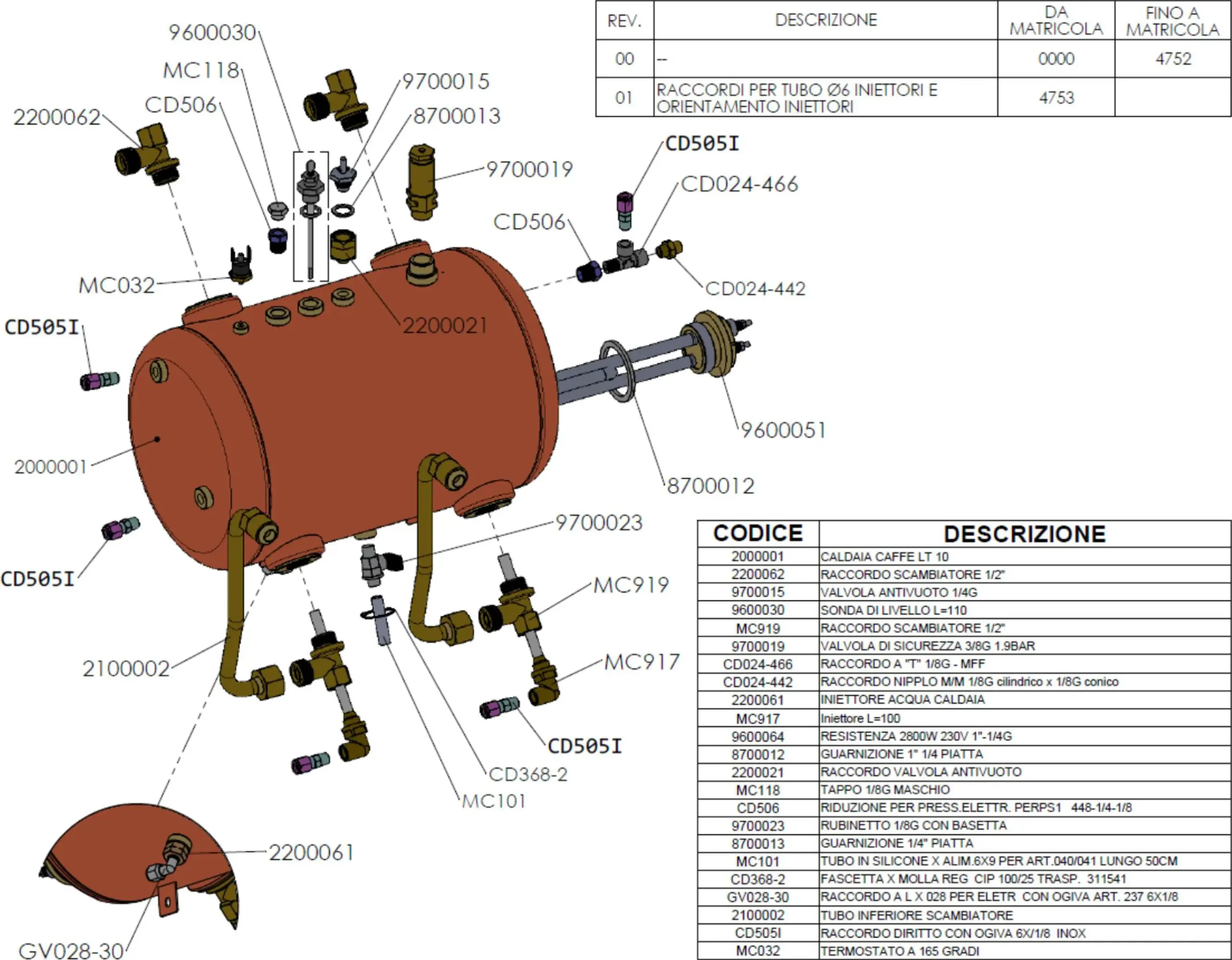 Exploded technical parts diagram of a Lelit PL2SVH Giulietta assembly, with each part labeled by code numbers. A table at the bottom right lists codes and descriptions. Technical information is shown in the top right corner.