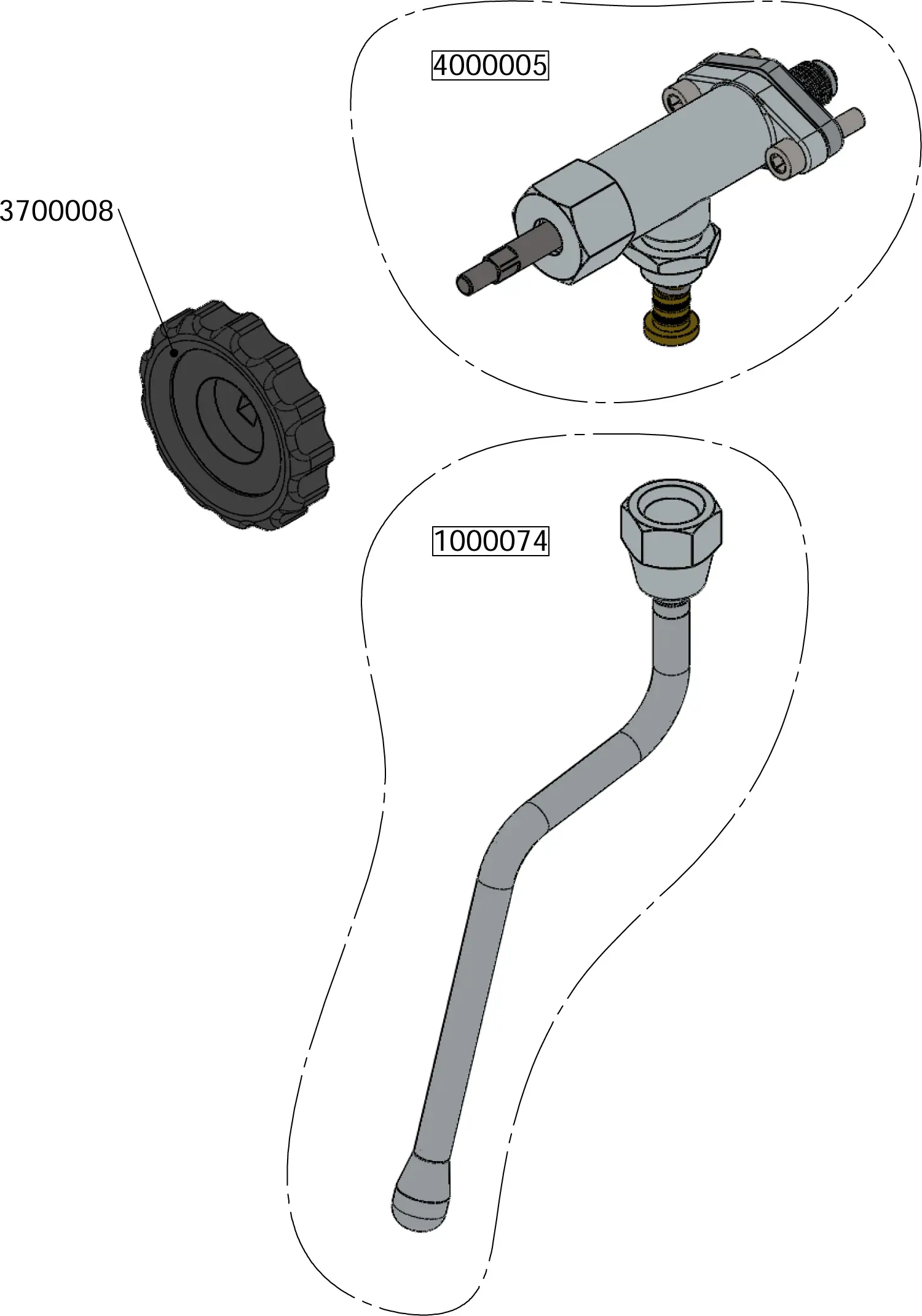 A Parts Diagram featuring three components for Giulietta Lelit PL2SVH2: a round cap (3700008), a valve or pump part (4000005), and a bent metal pipe with fittings (1000074). Each part is clearly outlined and numbered. 2025 1st-line.com