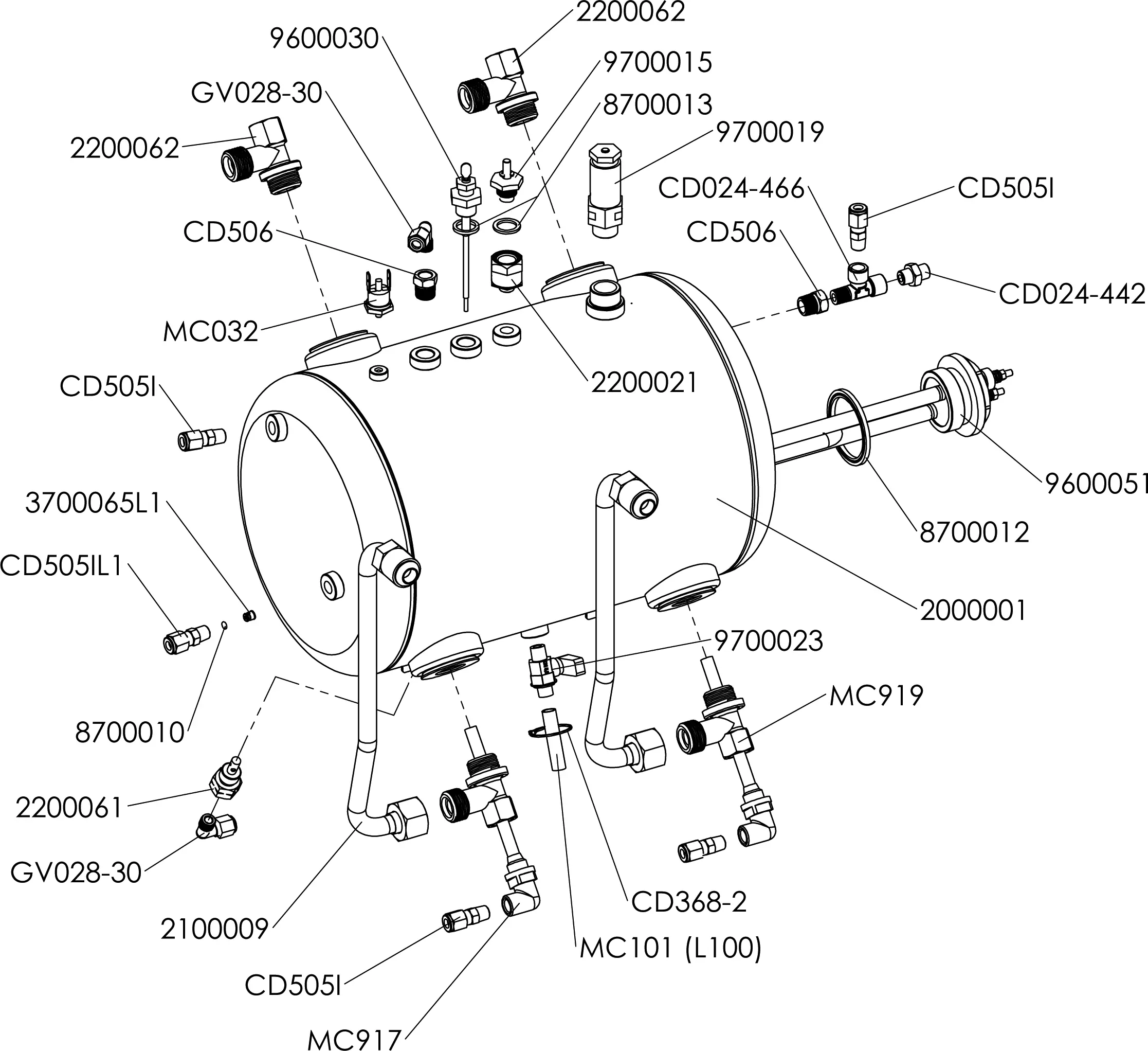 Exploded Parts Diagram of a cylindrical mechanical device, featuring the Lelit PL2SVH2 Giulietta with labeled components, fittings, part numbers, and connecting lines to illustrate precise assembly placement. 2025 1st-line.com